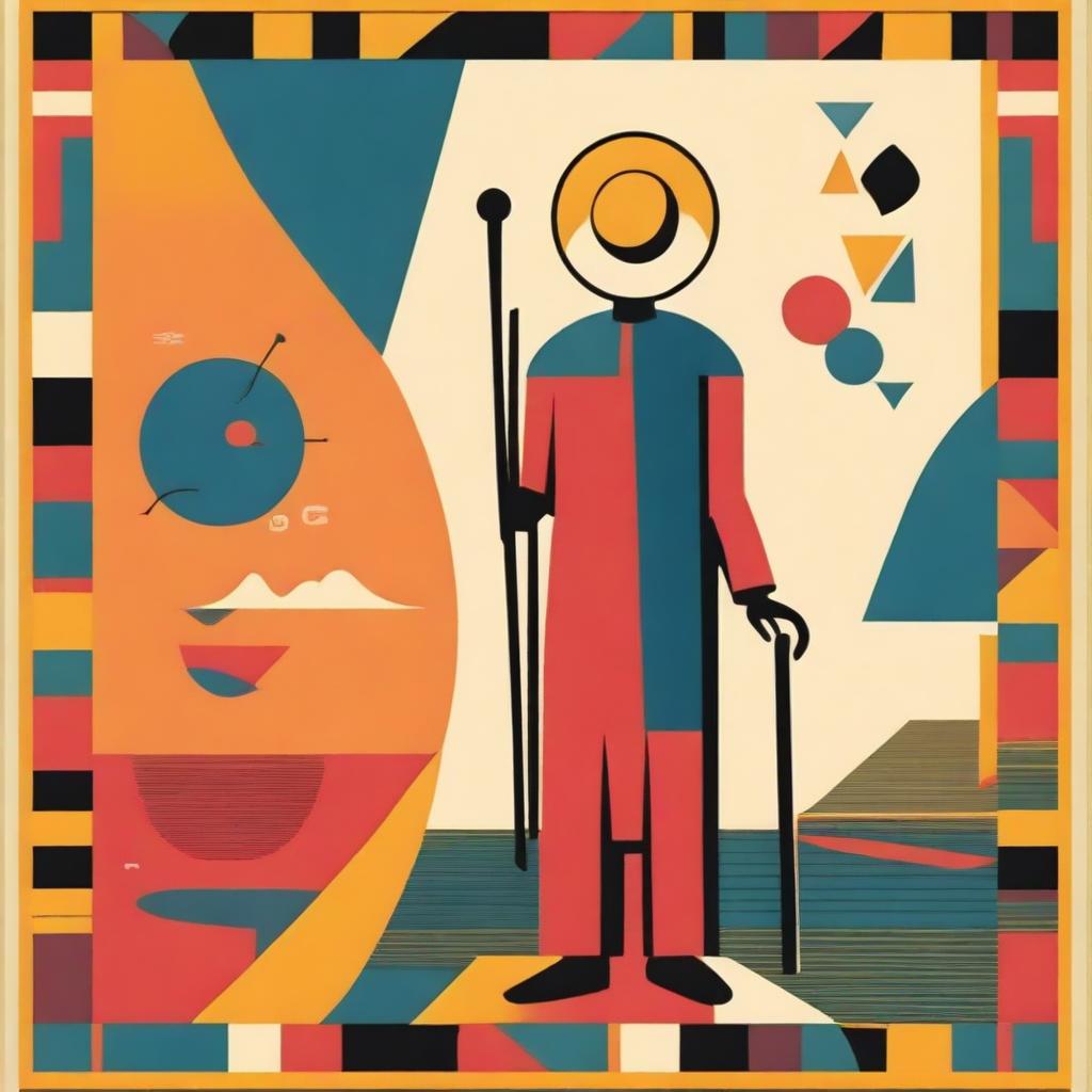 The Fool Tarot card interpreted in a distinctive mid-century style, featuring bold colors, geometric patterns, and simple lines that echo the design aesthetics of the mid 20th century