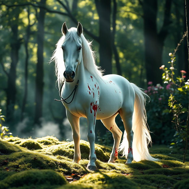 A striking image of a white unicorn standing majestically in a serene forest