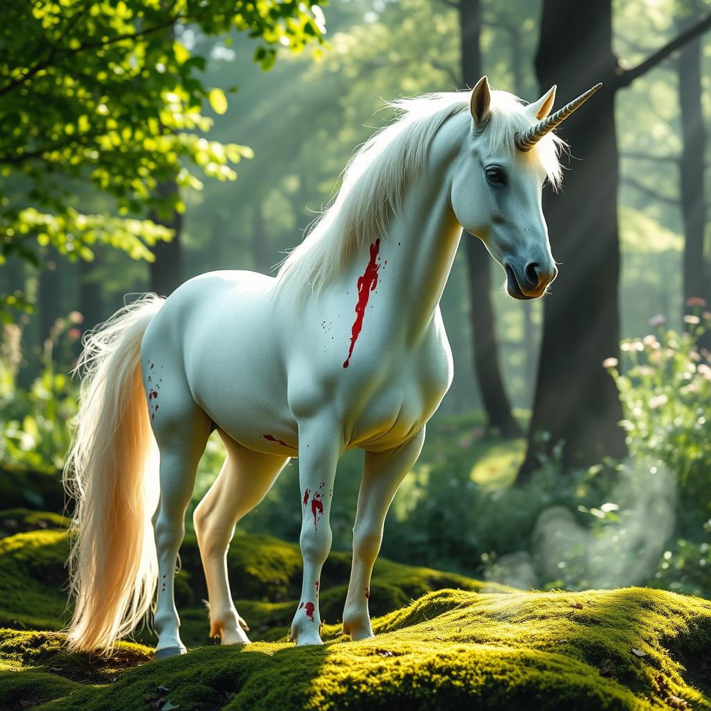 A striking image of a white unicorn standing majestically in a serene forest