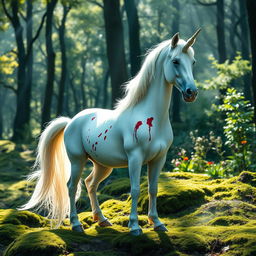 A striking image of a white unicorn standing majestically in a serene forest