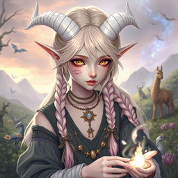 A mystical androgynous elf-satyr character inspired by classical periods such as ancient Greece, Rome, Celts, and pagan mythologies, set in a magical landscape filled with mythical creatures