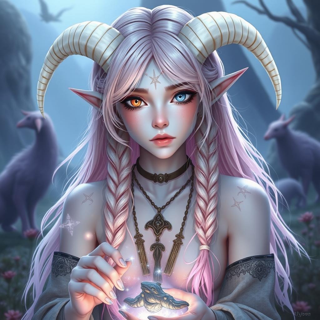 A mystical androgynous elf-satyr character inspired by classical periods such as ancient Greece, Rome, Celts, and pagan mythologies, set in a magical landscape filled with mythical creatures