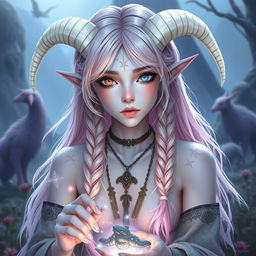 A mystical androgynous elf-satyr character inspired by classical periods such as ancient Greece, Rome, Celts, and pagan mythologies, set in a magical landscape filled with mythical creatures