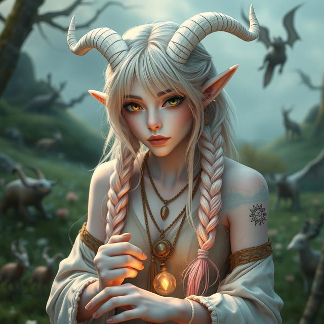 A mystical androgynous elf-satyr character inspired by classical periods such as ancient Greece, Rome, Celts, and pagan mythologies, set in a magical landscape filled with mythical creatures