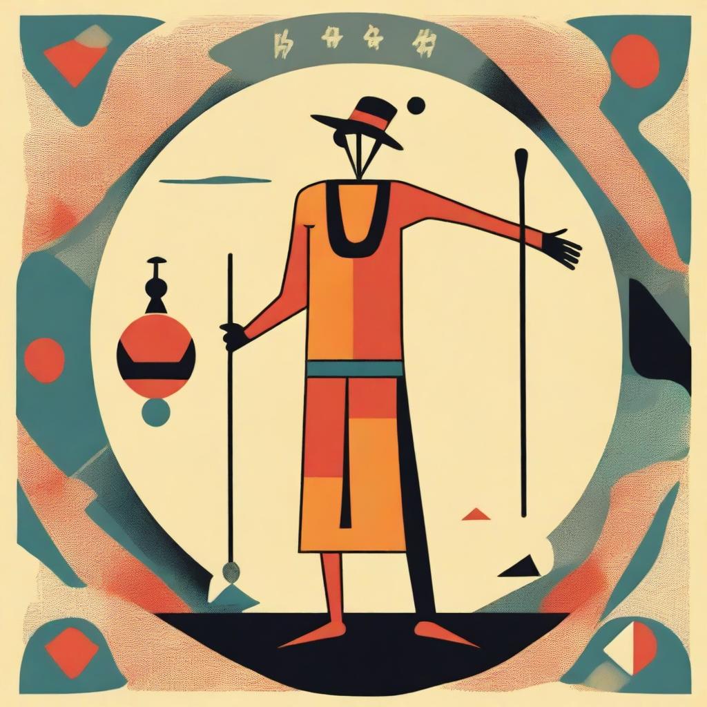 The Fool Tarot card interpreted in a distinctive mid-century style, featuring bold colors, geometric patterns, and simple lines that echo the design aesthetics of the mid 20th century