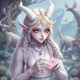 A mystical androgynous elf-satyr character inspired by classical periods such as ancient Greece, Rome, Celts, and pagan mythologies, set in a magical landscape filled with mythical creatures