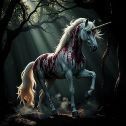 A powerful image of a white unicorn, its majestic figure prominently displayed in a dark, enchanted forest