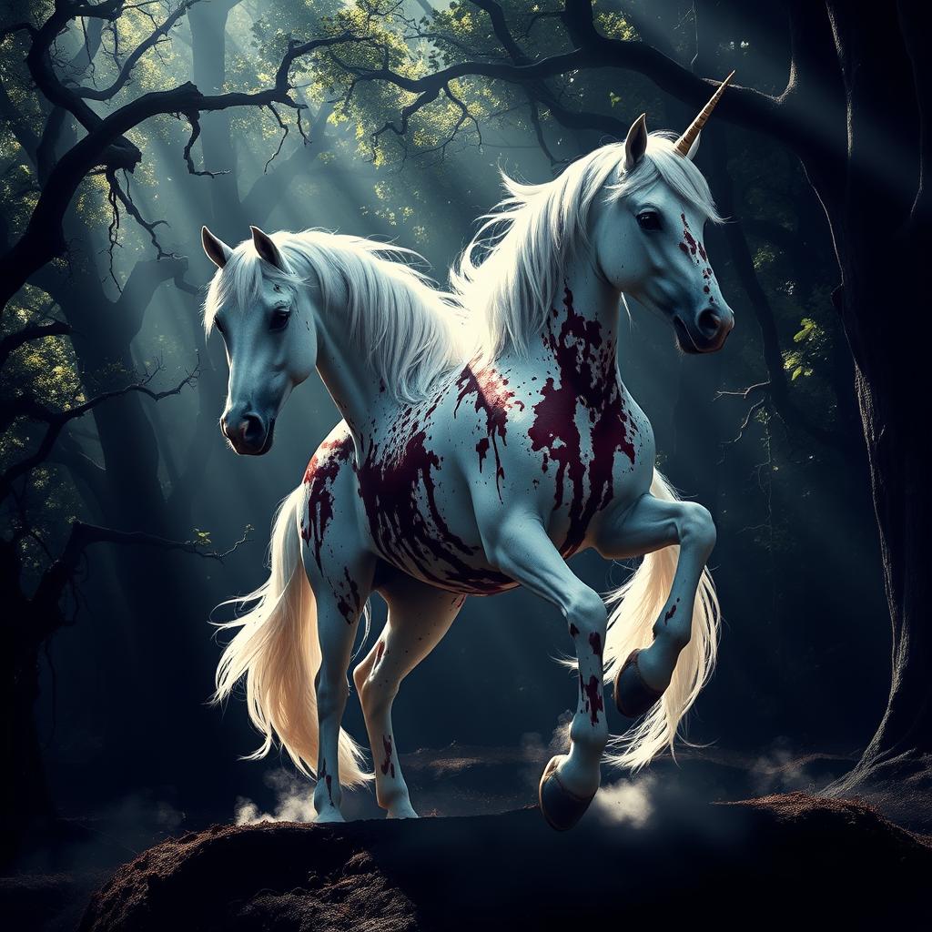 A powerful image of a white unicorn, its majestic figure prominently displayed in a dark, enchanted forest