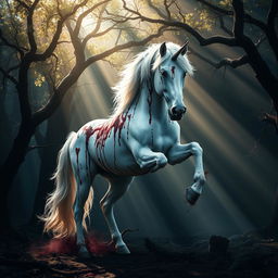 A powerful image of a white unicorn, its majestic figure prominently displayed in a dark, enchanted forest