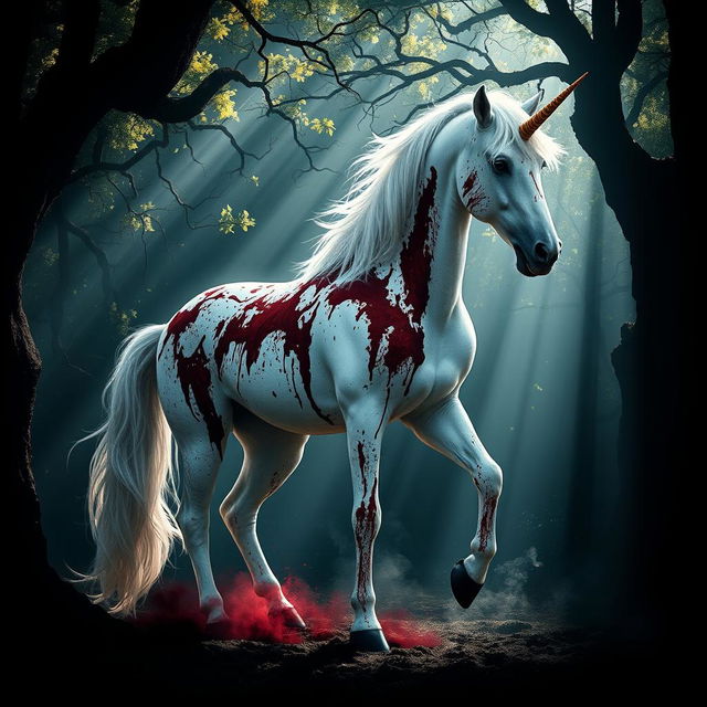 A powerful image of a white unicorn, its majestic figure prominently displayed in a dark, enchanted forest