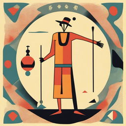 The Fool Tarot card interpreted in a distinctive mid-century style, featuring bold colors, geometric patterns, and simple lines that echo the design aesthetics of the mid 20th century