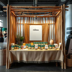 A simple, cozy, and eco-friendly large bazaar stand setup for a herbal cigarettes brand called rubus, designed with a reserved blank space for adding the brand name later