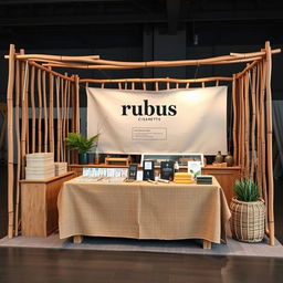 A simple, cozy, and eco-friendly large bazaar stand setup for a herbal cigarettes brand called rubus, designed with a reserved blank space for adding the brand name later