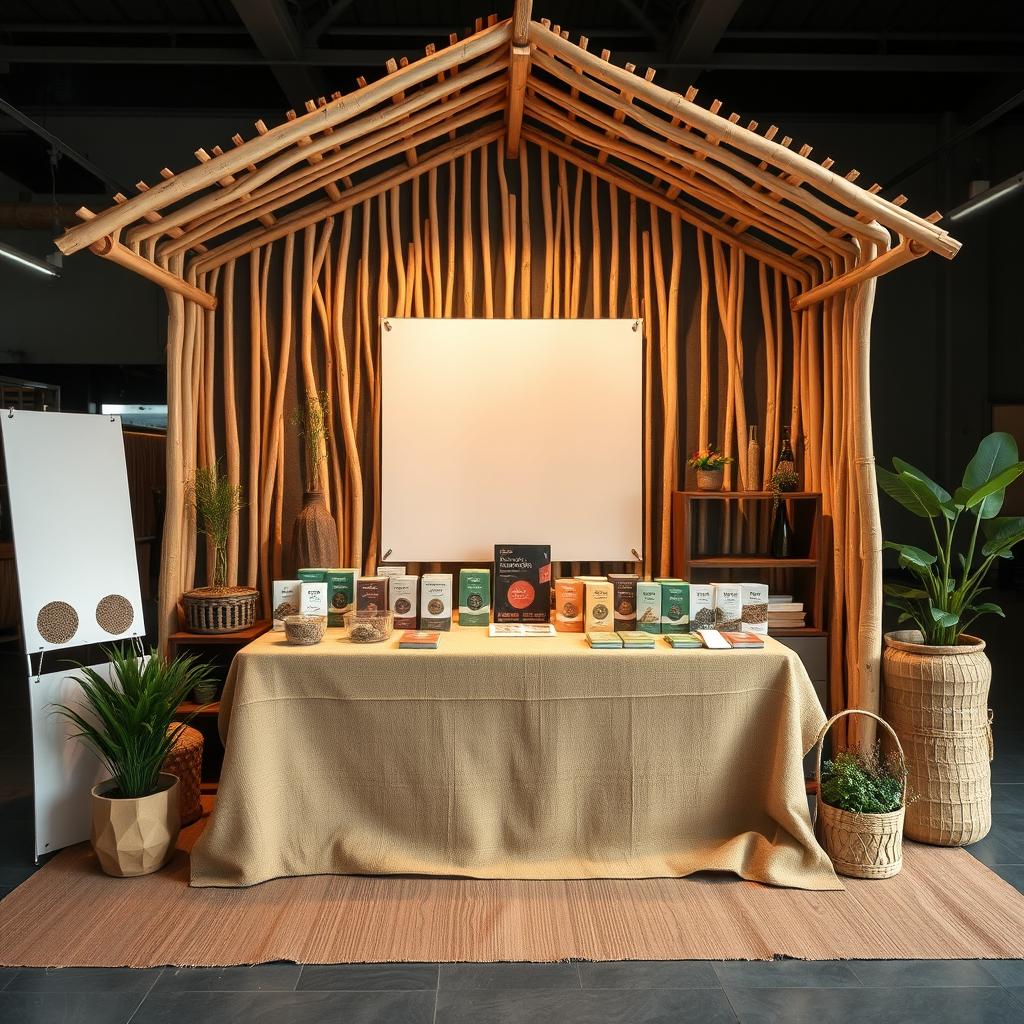 A simple, cozy, and eco-friendly large bazaar stand setup for a herbal cigarettes brand called rubus, designed with a reserved blank space for adding the brand name later