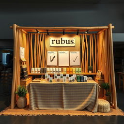 A simple, cozy, and eco-friendly large bazaar stand setup for a herbal cigarettes brand called rubus, designed with a reserved blank space for adding the brand name later