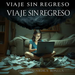 A poignant scene depicting an 18-year-old adolescent girl sitting on the floor of her living room, diligently working on her computer surrounded by scattered papers, representing her chaotic thoughts