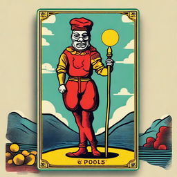 The Fool Tarot card redone in a vibrant and quirky retro style, featuring characteristic bold, saturated colors, funky designs, and a touch of whimsical nostalgia