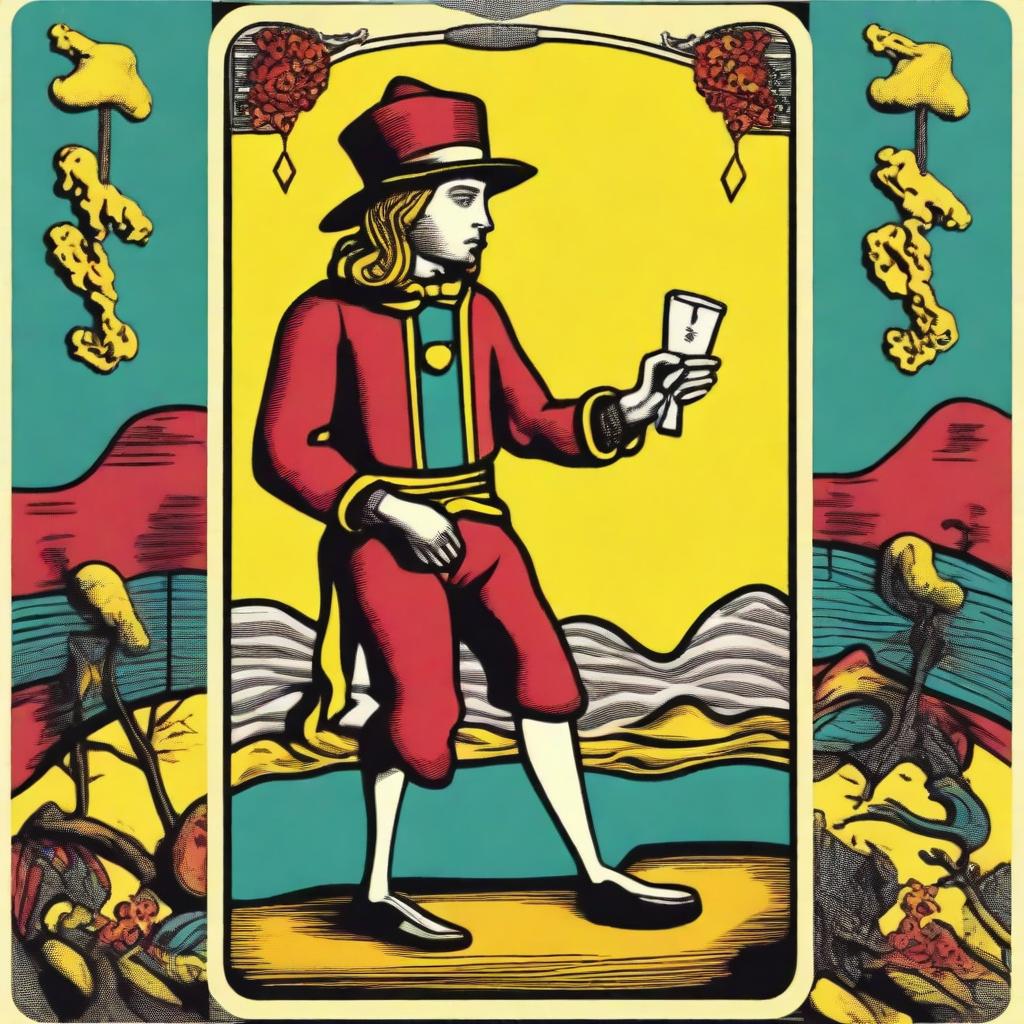 The Fool Tarot card redone in a vibrant and quirky retro style, featuring characteristic bold, saturated colors, funky designs, and a touch of whimsical nostalgia