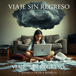 A striking image of an 18-year-old adolescent girl sitting on the floor of her living room, engrossed in her work on a laptop, with papers scattered around her, illustrating her chaotic state