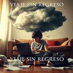 A striking image of an 18-year-old adolescent girl sitting on the floor of her living room, engrossed in her work on a laptop, with papers scattered around her, illustrating her chaotic state