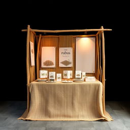 A simple, cozy, and eco-friendly small size bazaar stand setup for a herbal cigarettes brand called rubus, featuring a reserved blank space for adding the brand name later