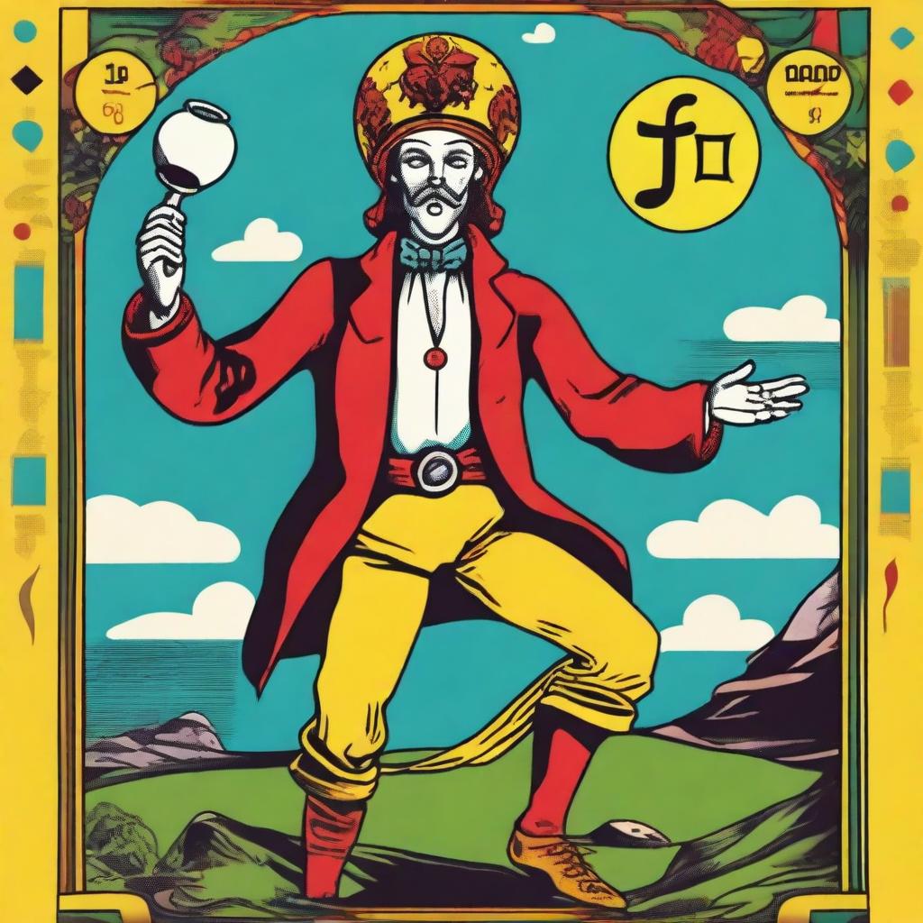 The Fool Tarot card redone in a vibrant and quirky retro style, featuring characteristic bold, saturated colors, funky designs, and a touch of whimsical nostalgia