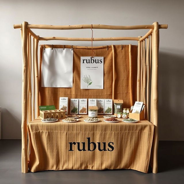 A simple, cozy, and eco-friendly small size bazaar stand setup for a herbal cigarettes brand called rubus, featuring a reserved blank space for adding the brand name later