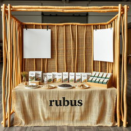 A simple, cozy, and eco-friendly small size bazaar stand setup for a herbal cigarettes brand called rubus, featuring a reserved blank space for adding the brand name later