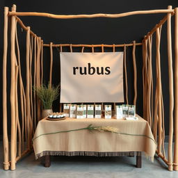 A simple, cozy, and eco-friendly small size bazaar stand setup for a herbal cigarettes brand called rubus, featuring a reserved blank space for adding the brand name later