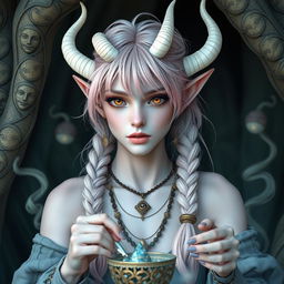 A captivating androgynous elf-satyr character inspired by classical periods such as ancient Greece, Rome, Celts, and pagan mythologies, existing in a realm rich with mythical creatures