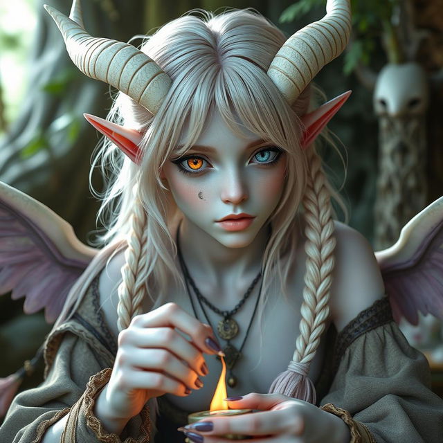 A captivating androgynous elf-satyr character inspired by classical periods such as ancient Greece, Rome, Celts, and pagan mythologies, existing in a realm rich with mythical creatures