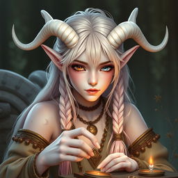 A captivating androgynous elf-satyr character inspired by classical periods such as ancient Greece, Rome, Celts, and pagan mythologies, existing in a realm rich with mythical creatures