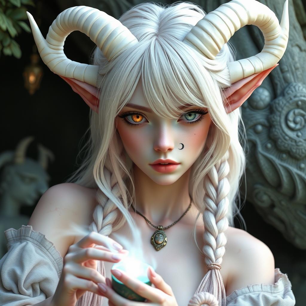 A captivating androgynous elf-satyr character inspired by classical periods such as ancient Greece, Rome, Celts, and pagan mythologies, existing in a realm rich with mythical creatures