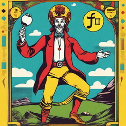 The Fool Tarot card redone in a vibrant and quirky retro style, featuring characteristic bold, saturated colors, funky designs, and a touch of whimsical nostalgia