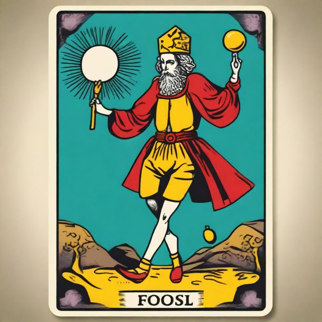 The Fool Tarot card redone in a vibrant and quirky retro style, featuring characteristic bold, saturated colors, funky designs, and a touch of whimsical nostalgia