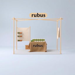 A simple, cozy, and eco-friendly small bazaar stand setup for a herbal cigarettes brand called rubus, with a designated blank space for adding the brand name later