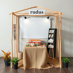 A simple, cozy, and eco-friendly small bazaar stand setup for a herbal cigarettes brand called rubus, with a designated blank space for adding the brand name later