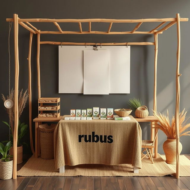 A simple, cozy, and eco-friendly small bazaar stand setup for a herbal cigarettes brand called rubus, with a designated blank space for adding the brand name later