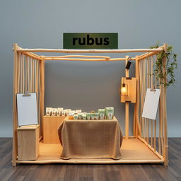 A simple, cozy, and eco-friendly small bazaar stand setup for a herbal cigarettes brand called rubus, with a designated blank space for adding the brand name later