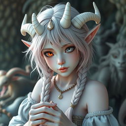 An enchanting androgynous elf-satyr character inspired by classical periods, including ancient Greece, Rome, Celts, and pagan mythology, set in a landscape filled with mythical creatures