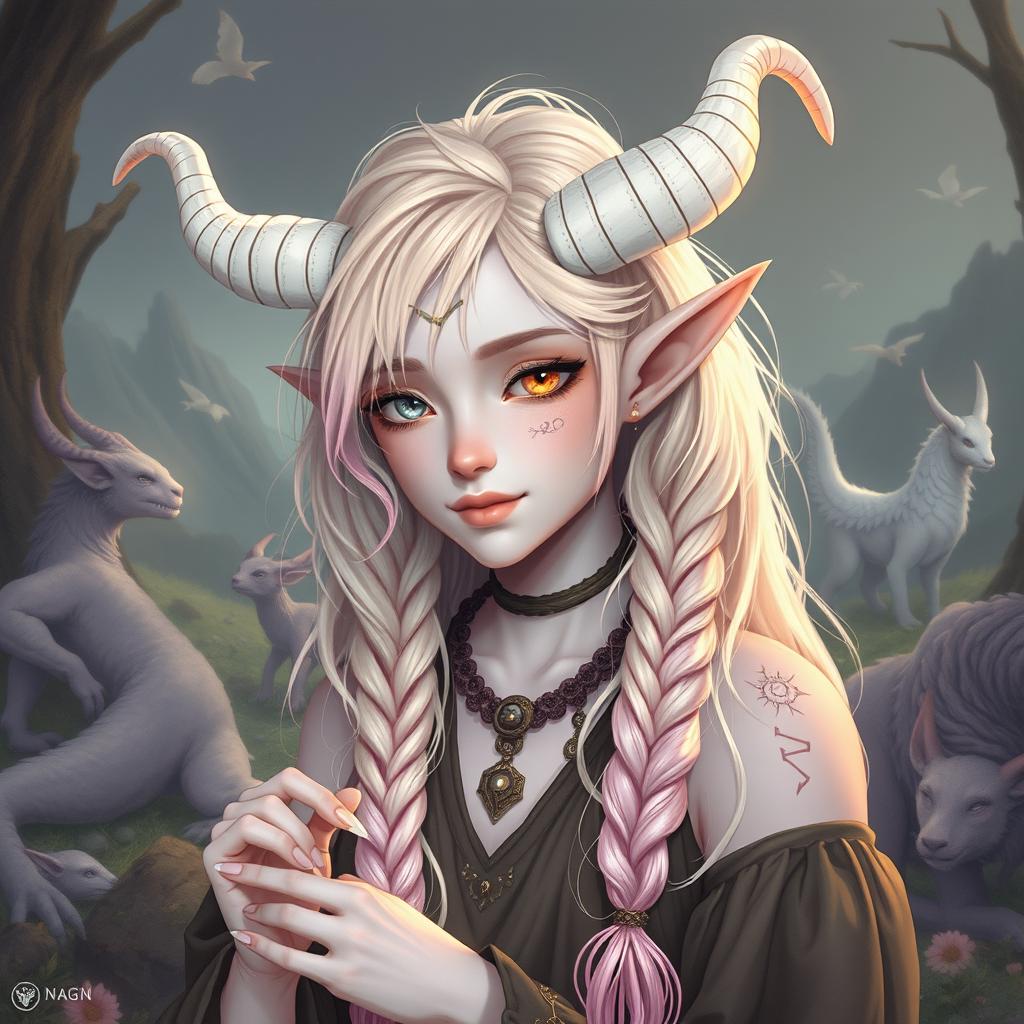 An enchanting androgynous elf-satyr character inspired by classical periods, including ancient Greece, Rome, Celts, and pagan mythology, set in a landscape filled with mythical creatures