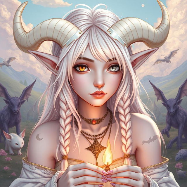 An enchanting androgynous elf-satyr character inspired by classical periods, including ancient Greece, Rome, Celts, and pagan mythology, set in a landscape filled with mythical creatures