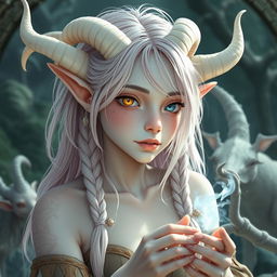 An enchanting androgynous elf-satyr character inspired by classical periods, including ancient Greece, Rome, Celts, and pagan mythology, set in a landscape filled with mythical creatures