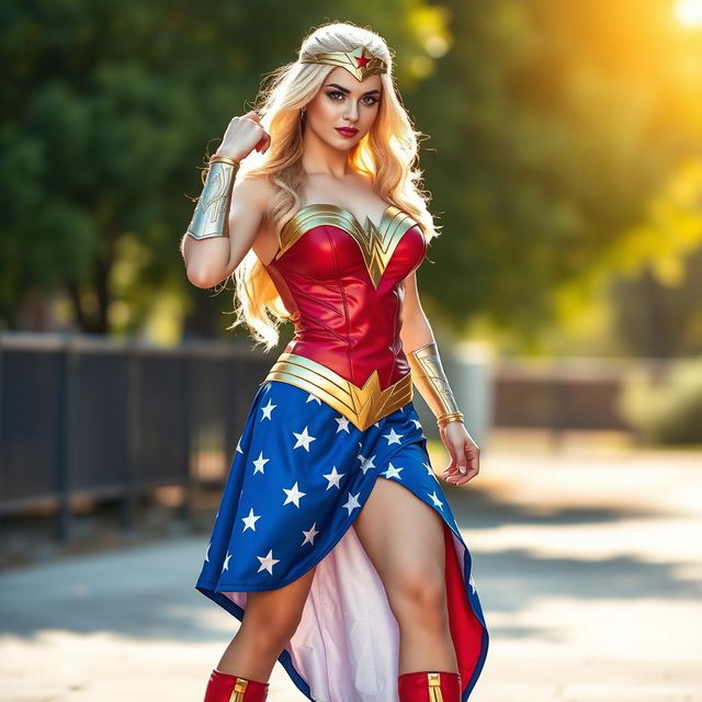 A full-length view of a pretty blonde lady dressed in a stunning Wonder Woman cosplay