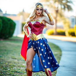 A full-length view of a pretty blonde lady dressed in a stunning Wonder Woman cosplay