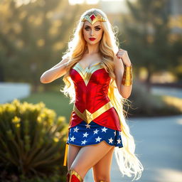 A full-length view of a pretty blonde lady dressed in a stunning Wonder Woman cosplay