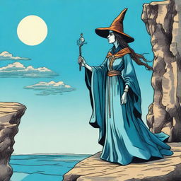 The Fool Tarot card redesigned with a witch as the main character, adorned in a sky-blue ensemble, standing at the edge of a cliff, gazing into the unknown, with a similarly blue sky backdrop