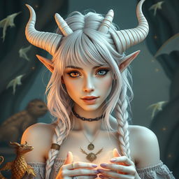 A captivating young woman, around 26 years old, inspired by classical periods such as ancient Greece, Rome, Celts, and pagan mythology, embodies a unique elf-satyr hybrid with androgynous features