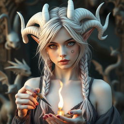 A captivating young woman, around 26 years old, inspired by classical periods such as ancient Greece, Rome, Celts, and pagan mythology, embodies a unique elf-satyr hybrid with androgynous features