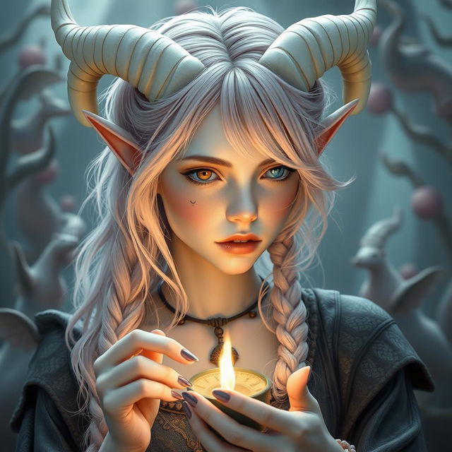 A captivating young woman, around 26 years old, inspired by classical periods such as ancient Greece, Rome, Celts, and pagan mythology, embodies a unique elf-satyr hybrid with androgynous features